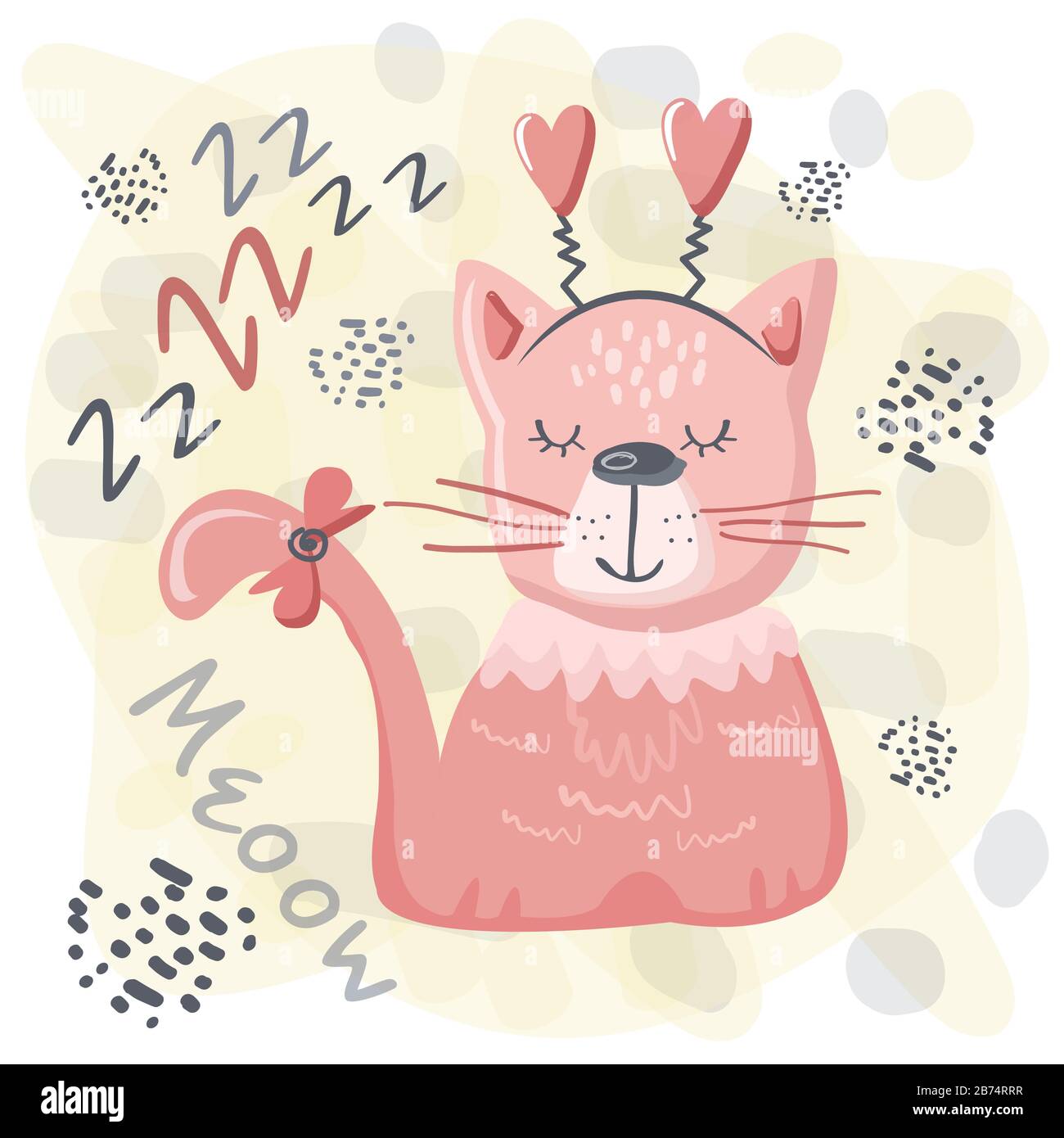 Cute sleeping cat baby pink animal. Nursery vector cartoon sleep animal grey cat, cute print illustration. Stock Vector