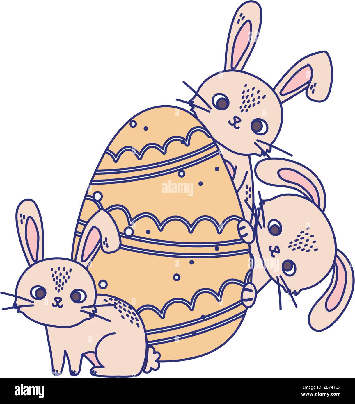 happy easter day, cute rabbits with painted egg decoration vector ...