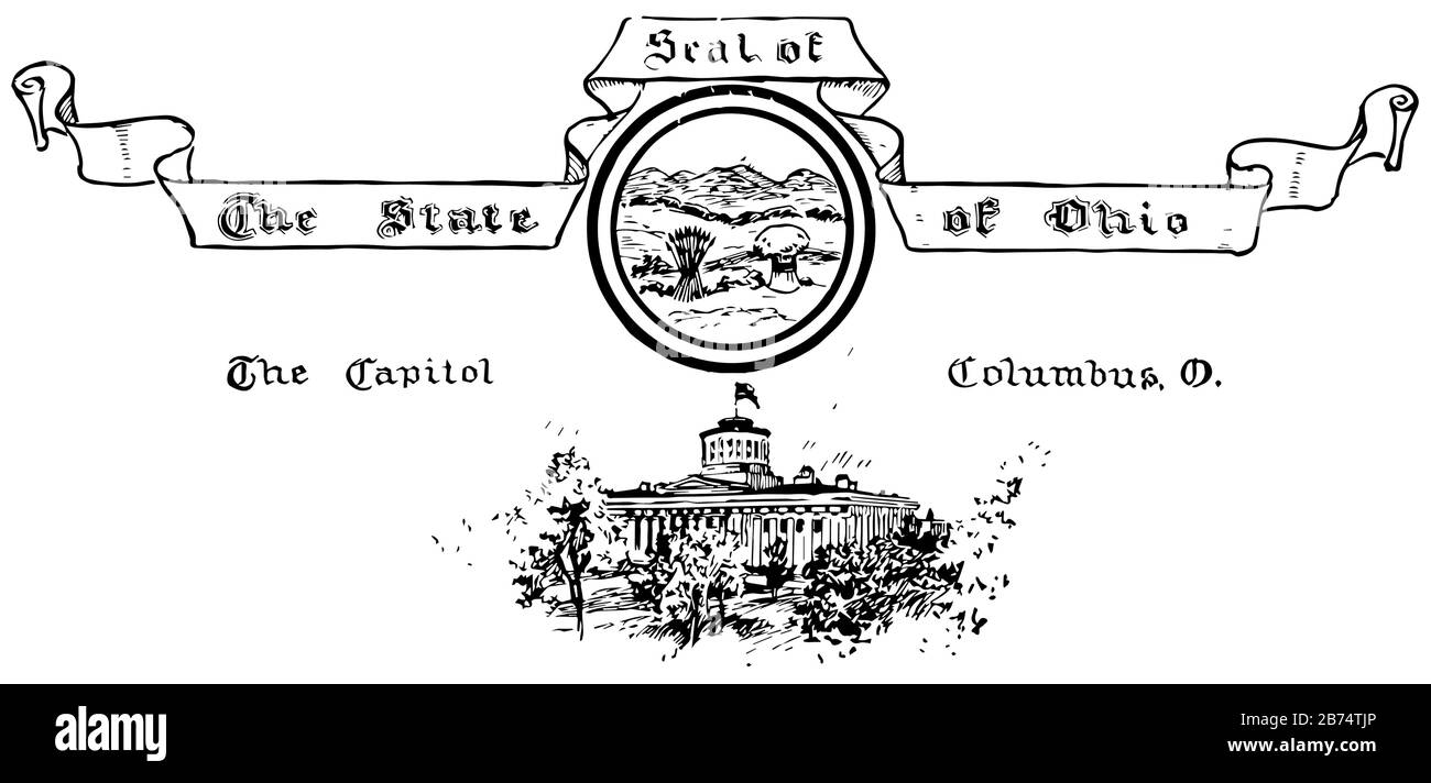 The United States seal of Ohio, this seal has state house in middle, it also has circle which shows sunrise, mountains, wheat field and arrows, THE CA Stock Vector