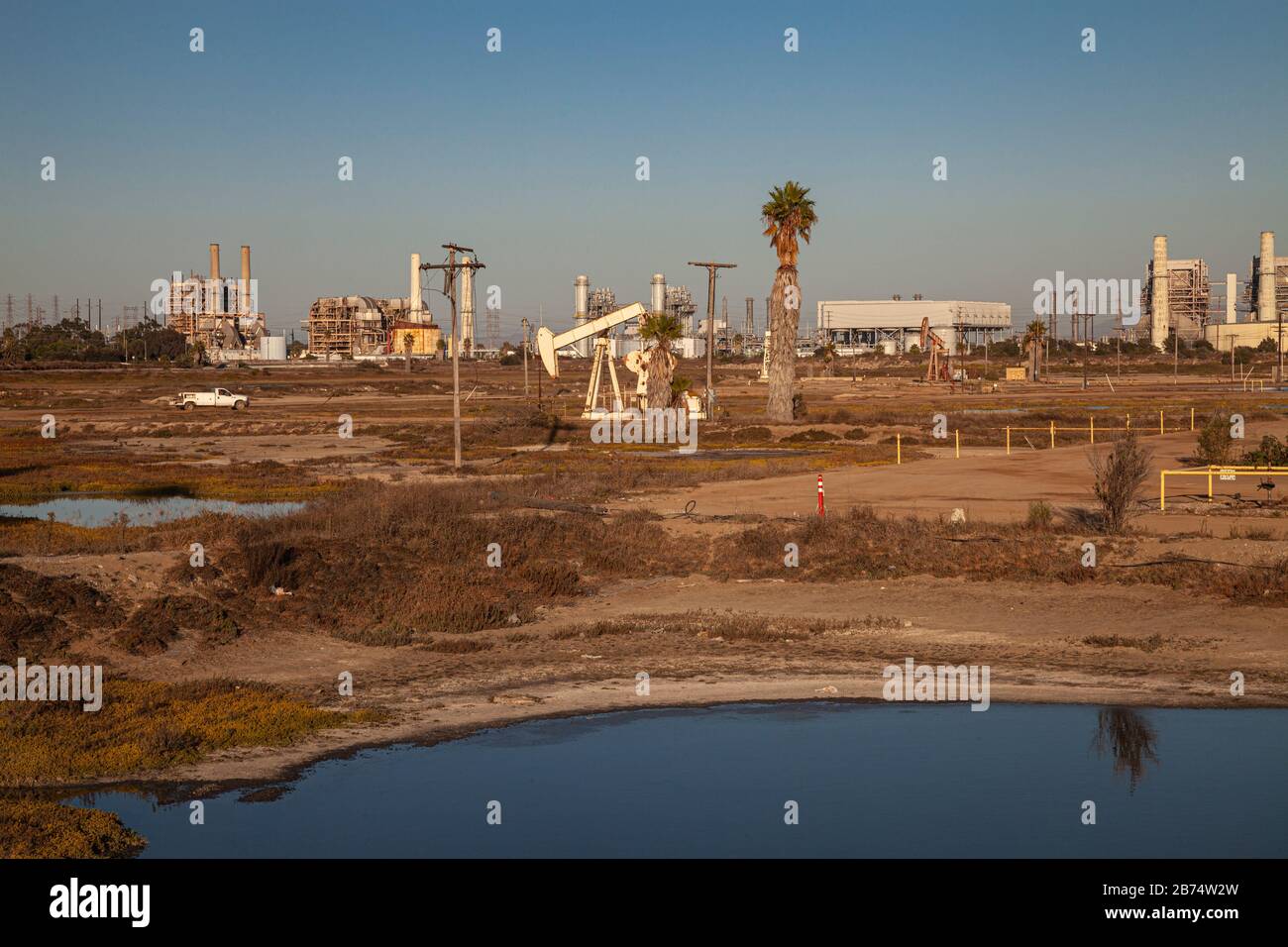 Oil pumpjacks in the Los Cerritos Wetlands, Long Beach, california, USA
