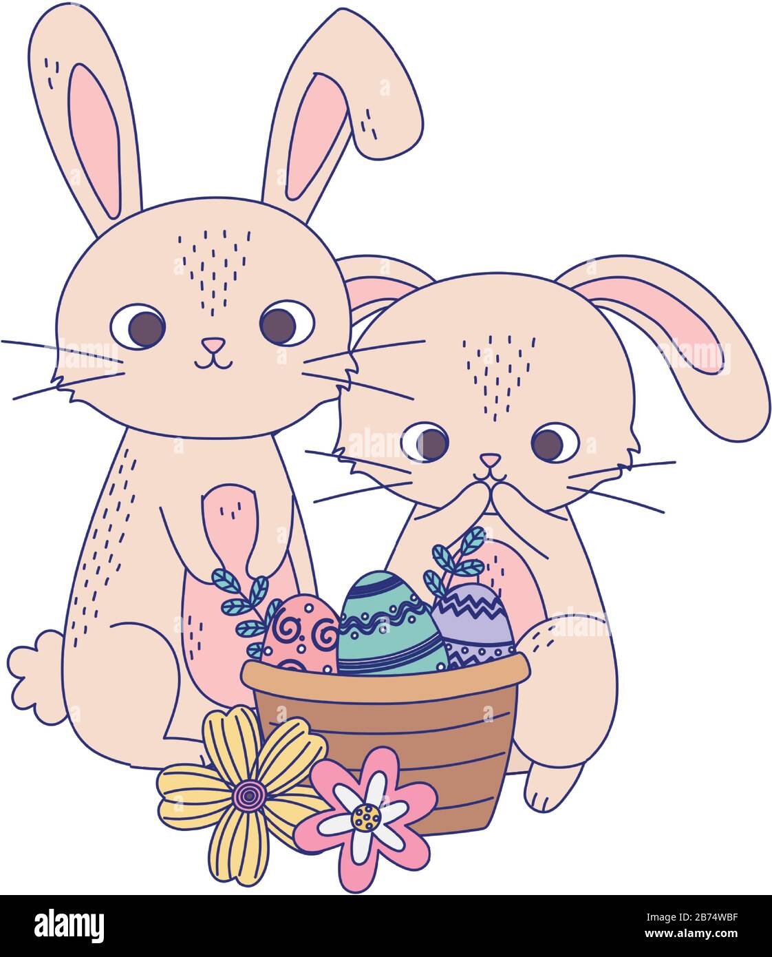 happy easter day, cute rabbits eggs in basket flowers nature vector ...