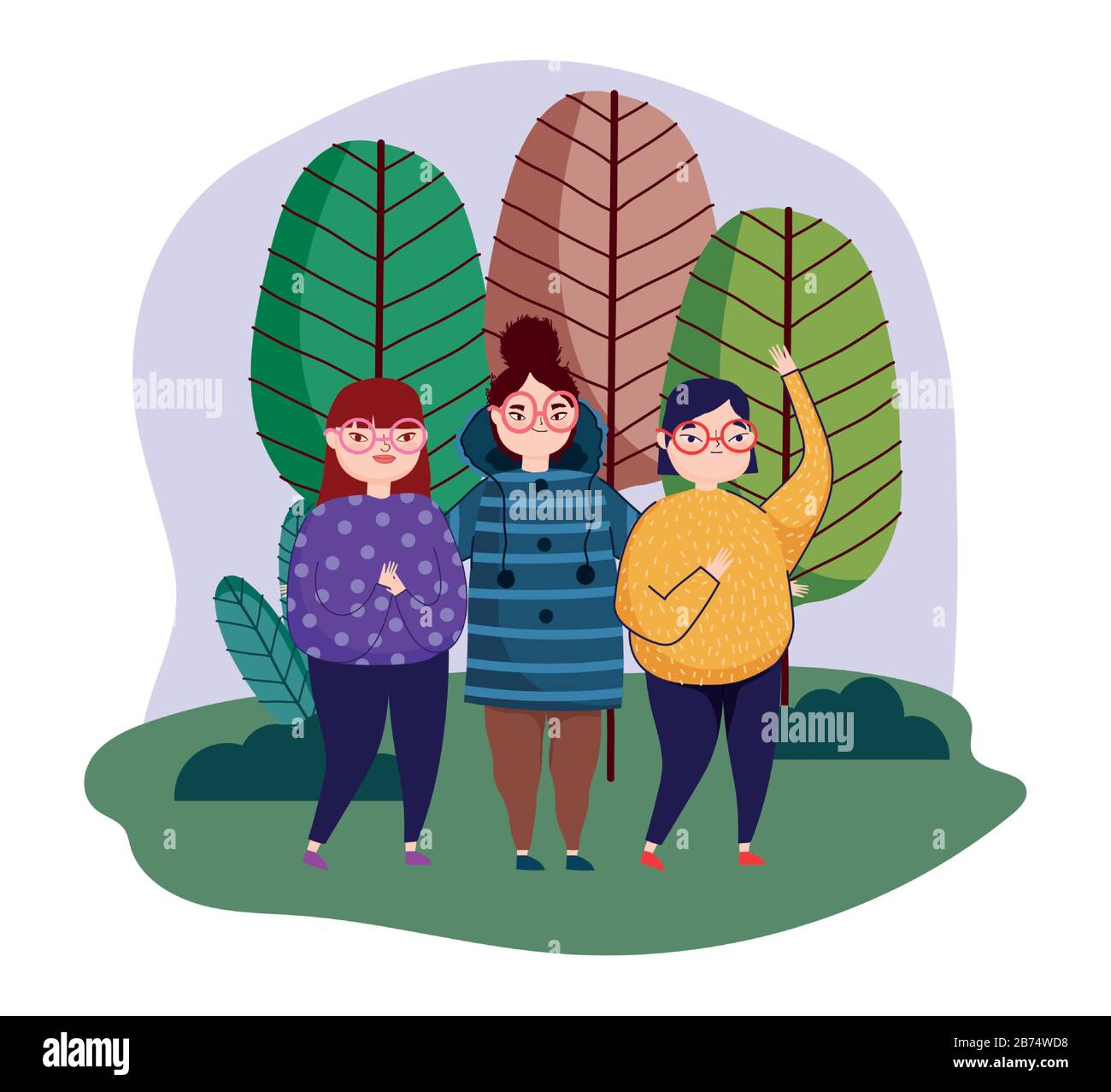 three young women standing in park with foliage trees vector ...