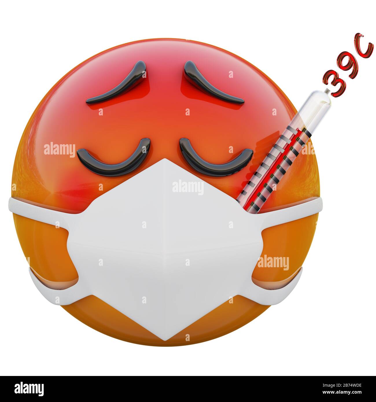 3D render of yellow emoji face, illness with Thermometer and medical mask protecting from coronavirus 2019-nCoV, MERS-nCoV, sars, bird flu Stock Photo