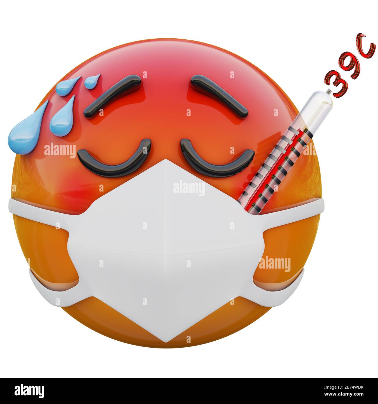 3D render of yellow emoji face with fever, illness , Thermometer and medical mask protecting from coronavirus 2019-nCoV, MERS-nCoV, sars Stock Photo