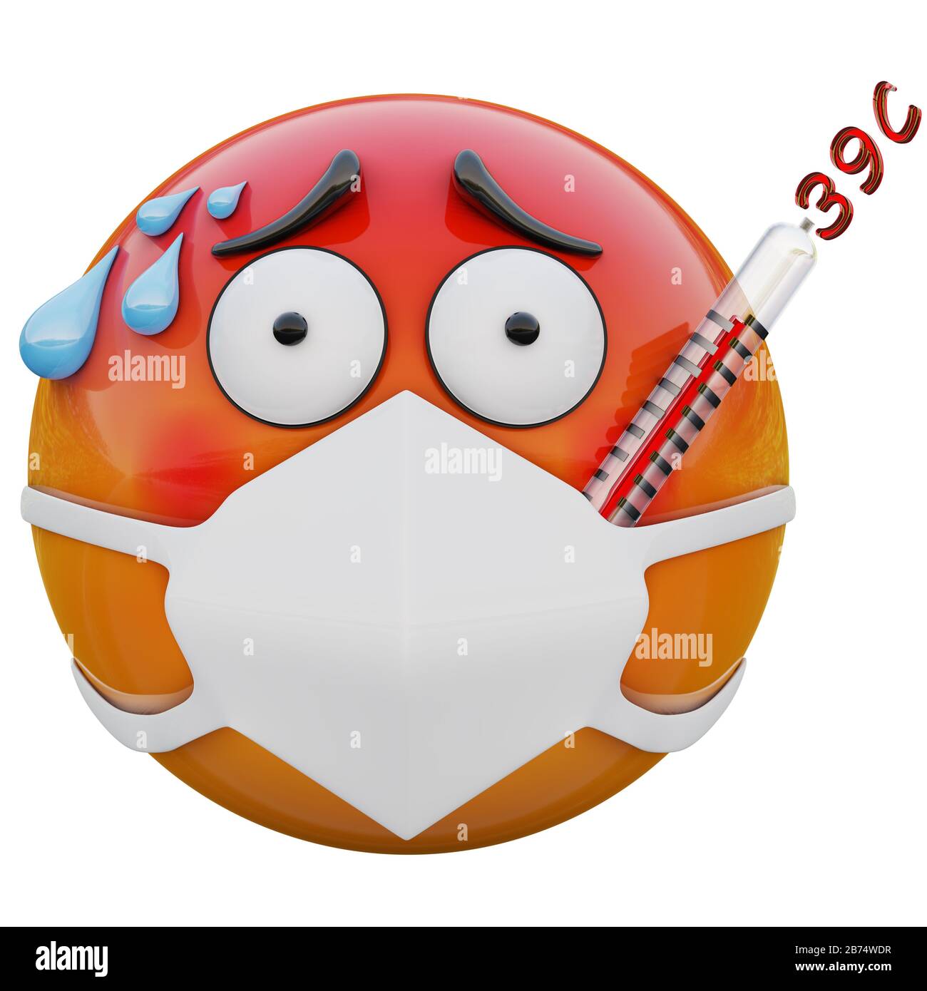 3D render of deadly sick close to  death with thermometer yellow emoji face in medical mask protecting from coronavirus 2019-nCoV, MERS-nCoV Stock Photo