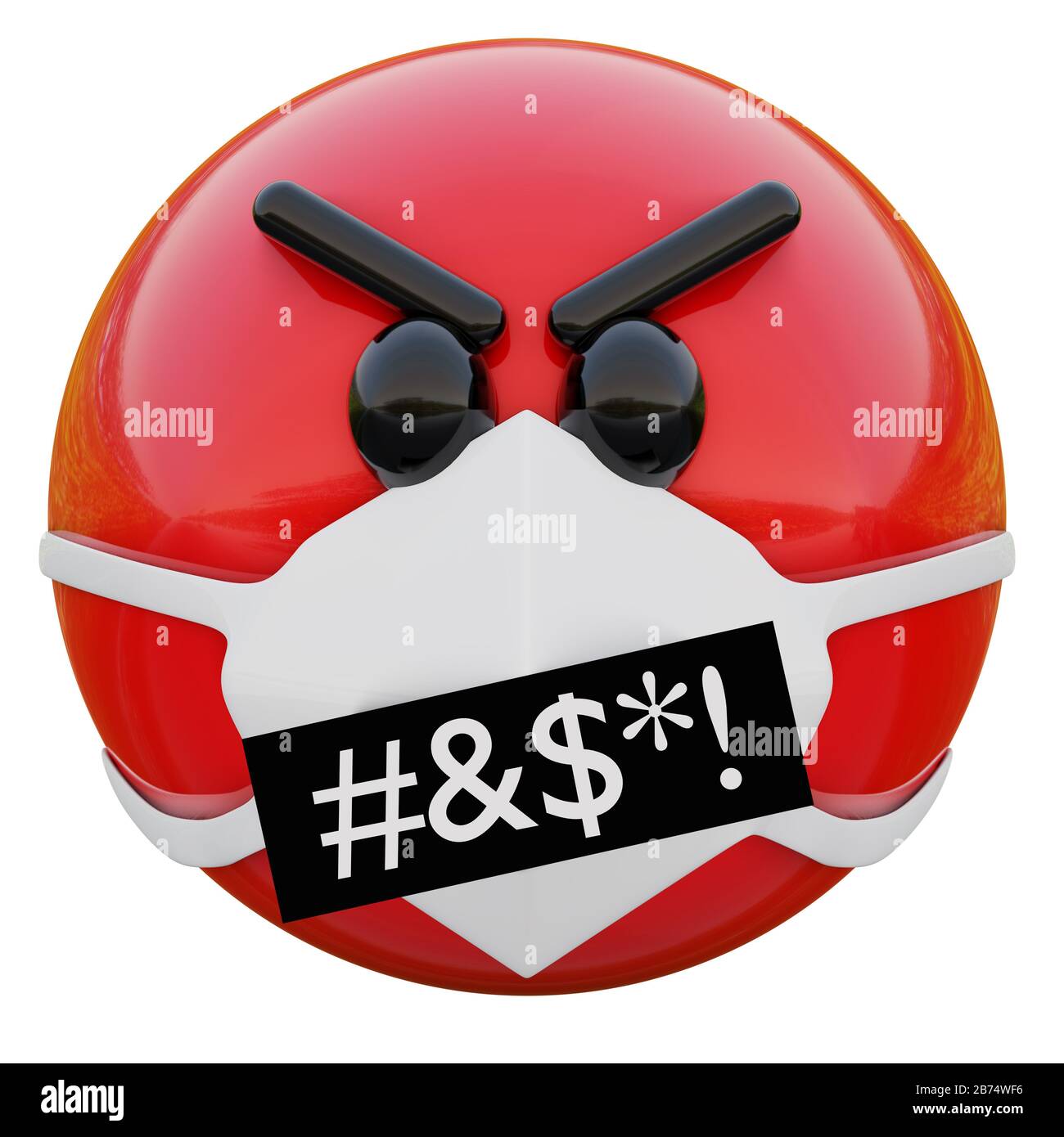 3D render of cursing and swear red emoji  face in medical mask protecting from coronavirus 2019-nCoV, MERS-nCoV, sars, bird flu and other viruses Stock Photo
