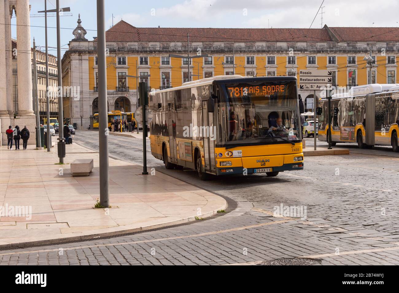 Lisbon, Portugal - 2 March 2020: Carris Bus at the Praca do Comercio Stock Photo