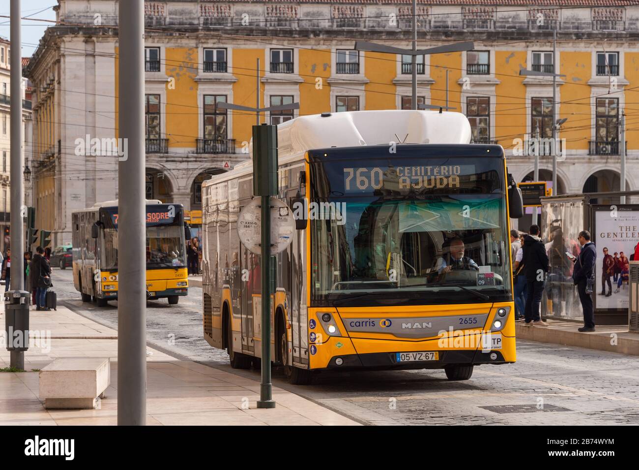 Lisbon, Portugal - 2 March 2020: Carris Bus at the Praca do Comercio Stock Photo