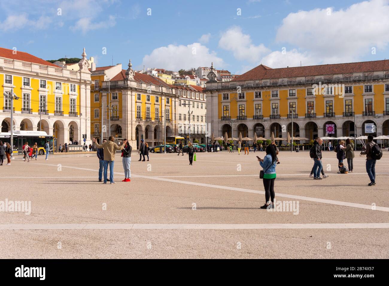 Lisbon, Portugal - 2 March 2020: Tourists at the Praca do Comercio Stock Photo