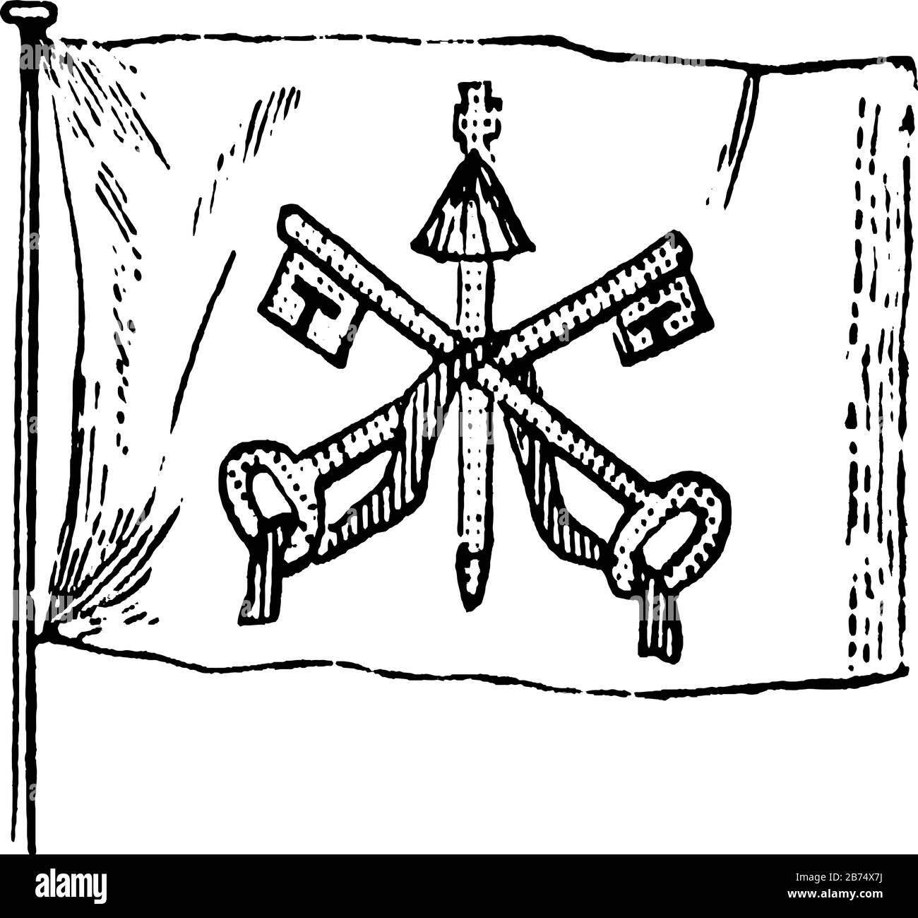 Flag of the Papal States, 1881, it has two cross keys connected with a cord and one verticle rod in center, vintage line drawing or engraving illustra Stock Vector