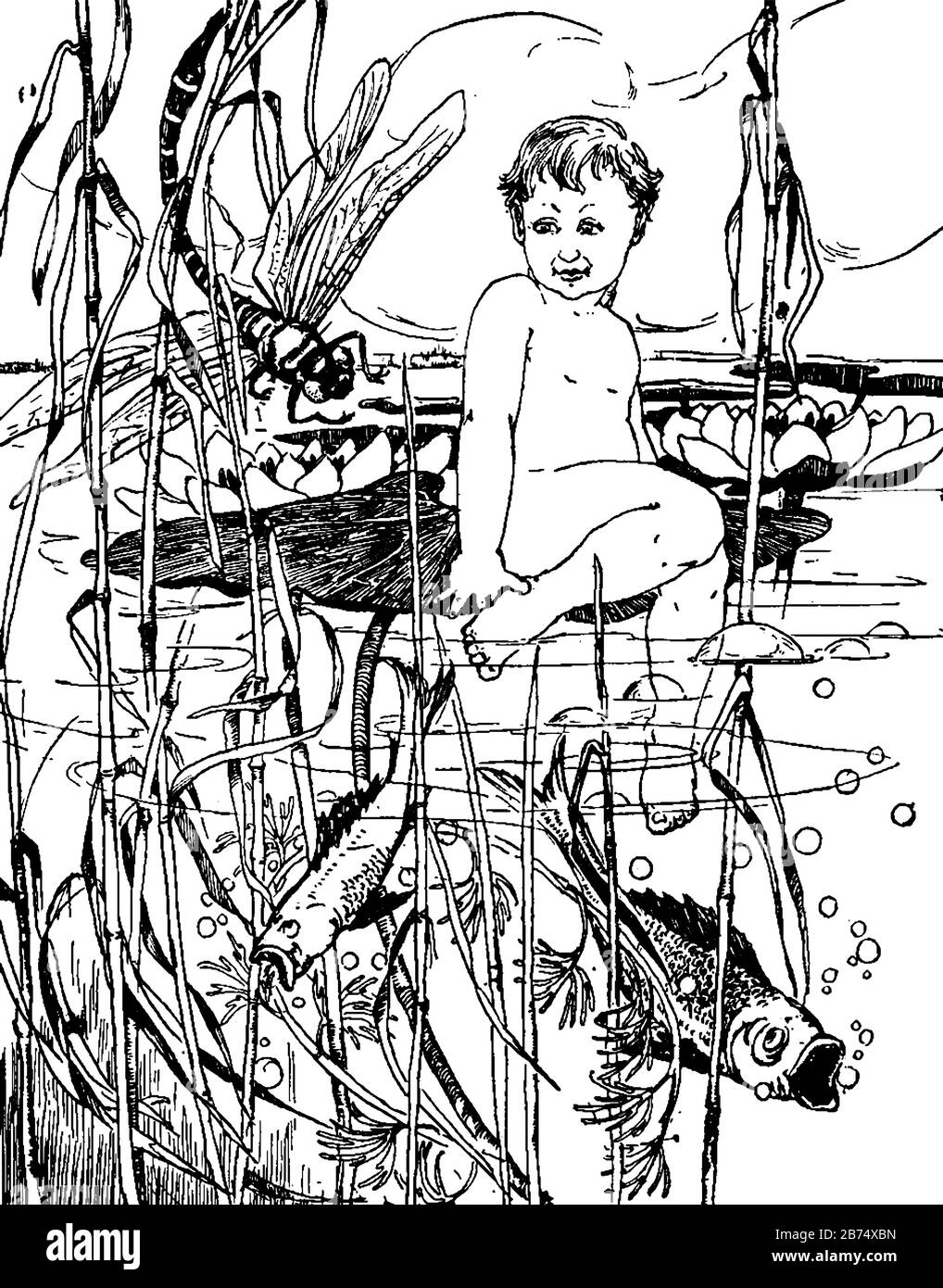 A child sitting on leaf which floating upon water and kept both legs