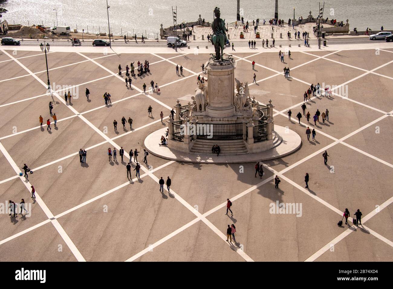 Lisbon, Portugal - 2 March 2020: People at the Praca do Comercio as seen from above Stock Photo