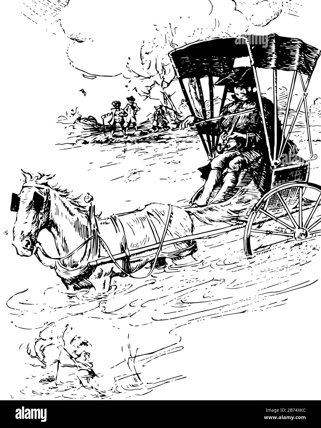 Fiddling Parson, this scene shows fiddler in horse-drawn cart going into the water and playing violin, people in background, vintage line drawing or e Stock Vector