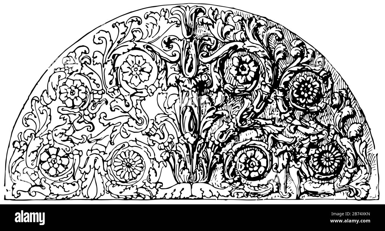 Roman Panel is a Semicircular panel in Court of Mattei Palace, vintage line drawing or engraving illustration. Stock Vector