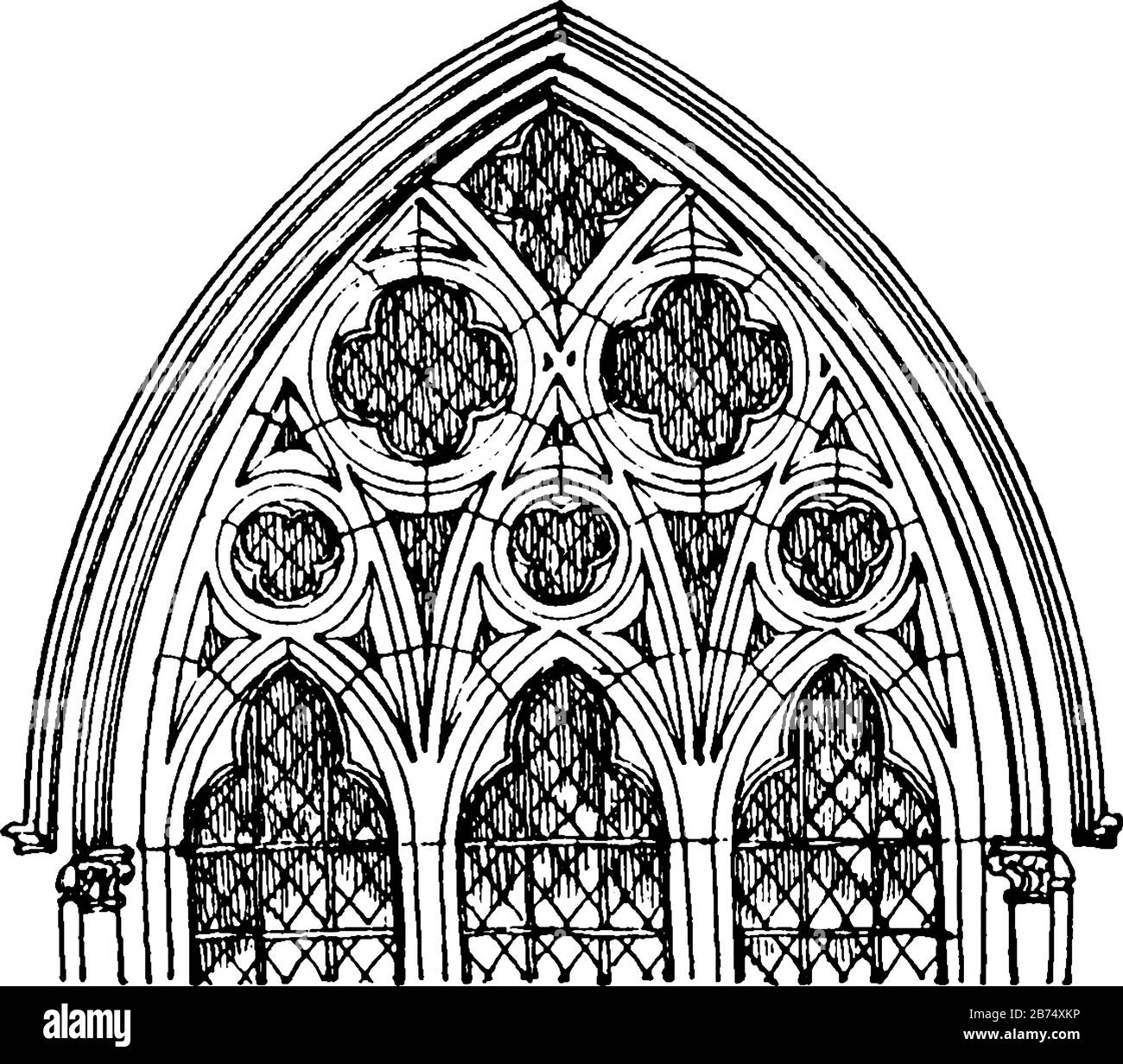 Tracery is from Meopham Church, wide and with a simple round-headed, pointed-arch Gothic window, vintage line drawing or engraving illustration. Stock Vector