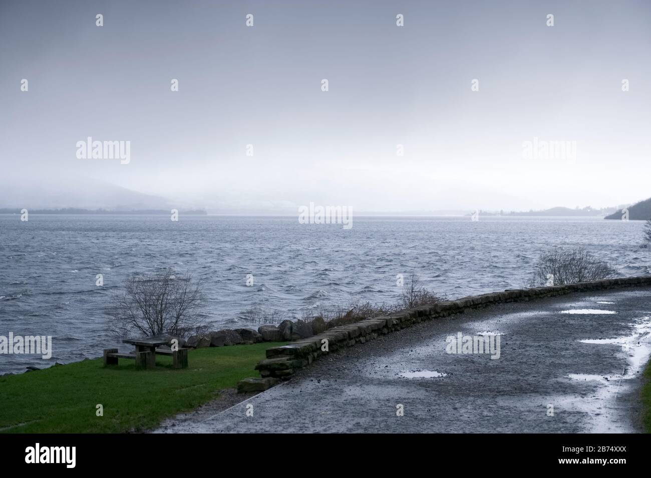 Water Flood At Lake Rough Water Waves Over Park At Loch Lomond Balloch Water Flood At Lake Rough Water Waves Over Park At Loch Lomond Balloch