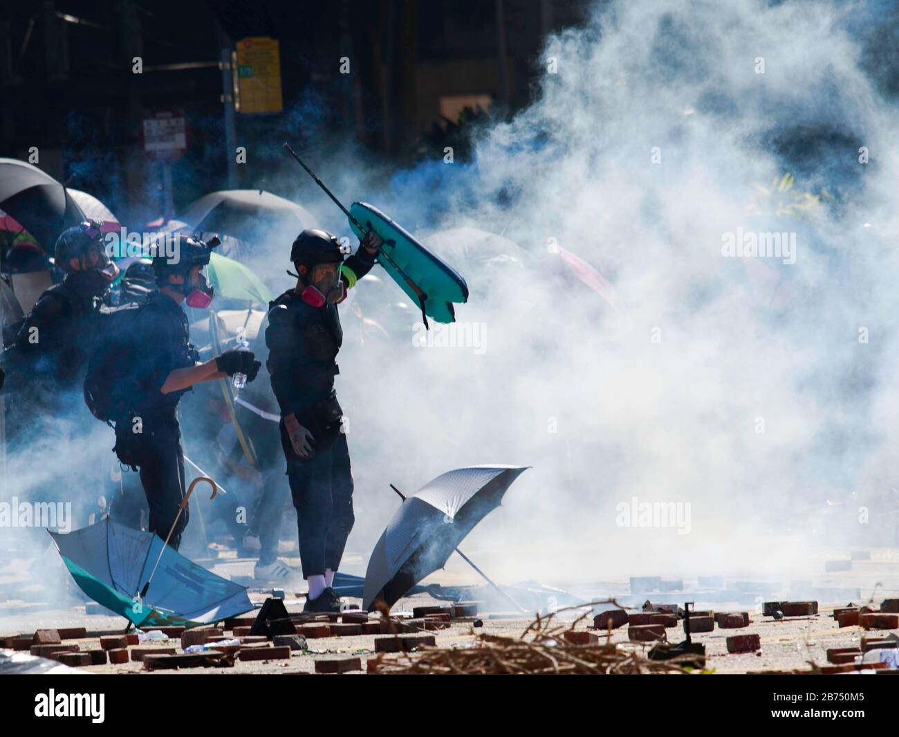 Protesters clash with police at the Hong Kong Polytechnic University. Stock Photo