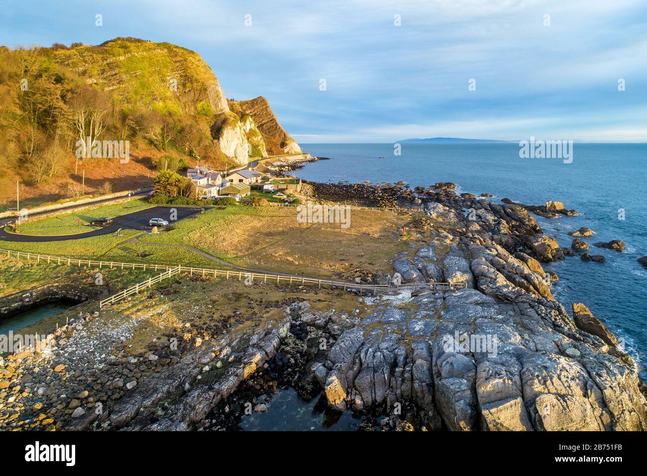 Garron Point, Northern Ireland, UK. A geological formation and parking at Antrim Coast Road, a.k.a. Causeway Coastal Route. Stock Photo
