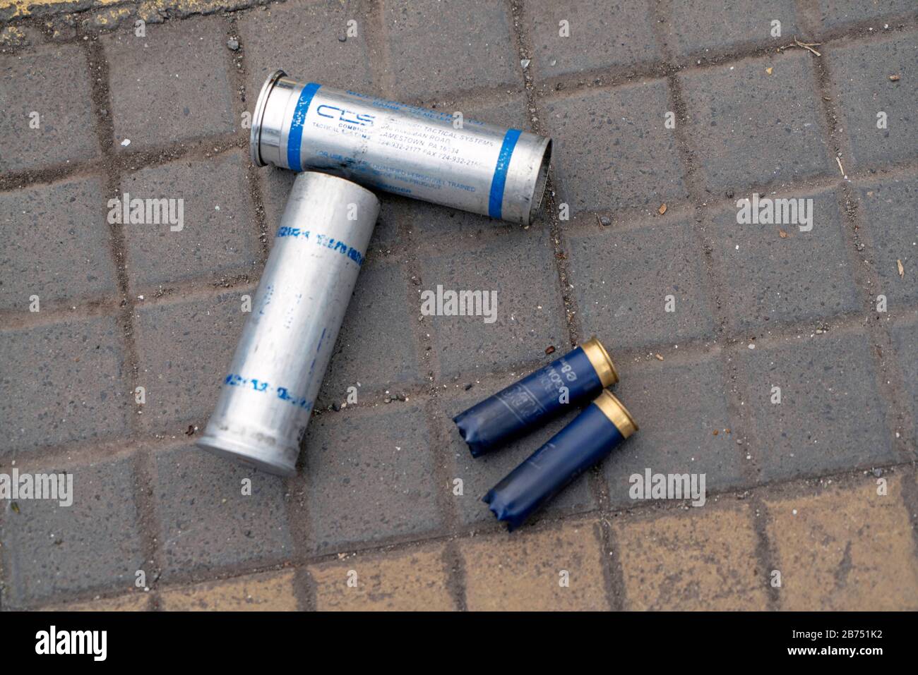 Chile, Santiago, 20.10.2019. Santiago in state of emergency on 20.10.2019. shells of tear gas and rubber bullets. The violent protests had started after a fare increase of the subway in Santiago. Chile's president Sebastian Piñera then declared a state of emergency on Friday evening. After renewed arson attacks on subway stations, a curfew was imposed in the Chilean capital on Saturday. [automated translation] Stock Photo