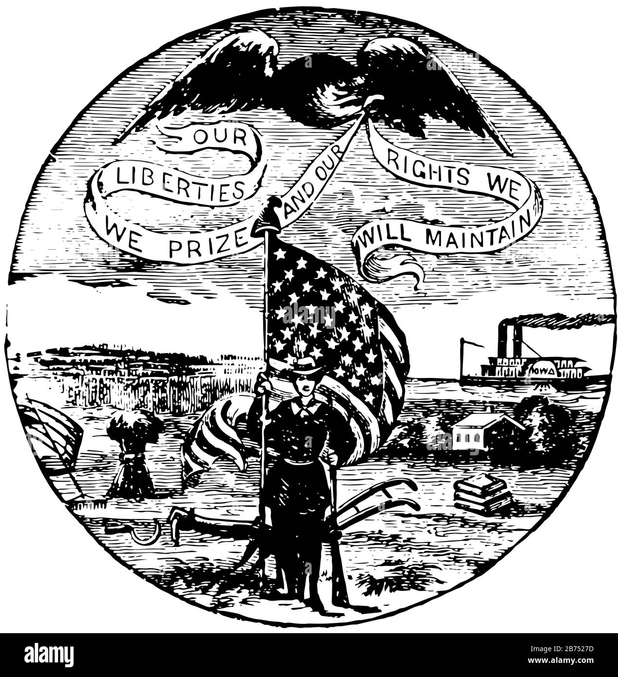 The official seal of the U.S. state of Iowa in 1889, a soldier standing in a wheat field surrounded with farming, mining and transportation, with the Stock Vector