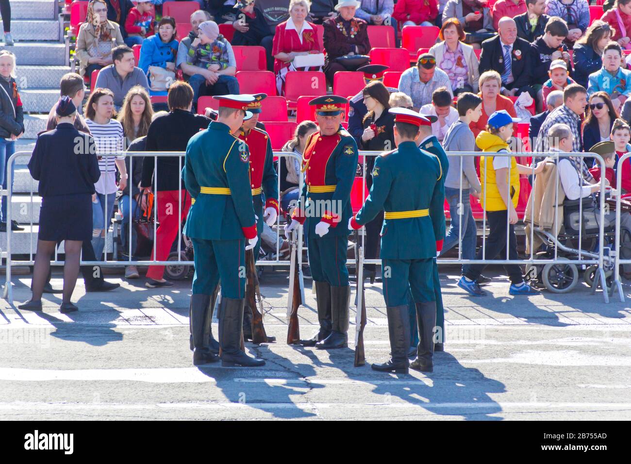 SAMARA, RUSSIA - MAY 9, 2016: Russian ceremony of opening military parade on annual Victory Day, May, 9, 2016 in Samara, Russia Stock Photo