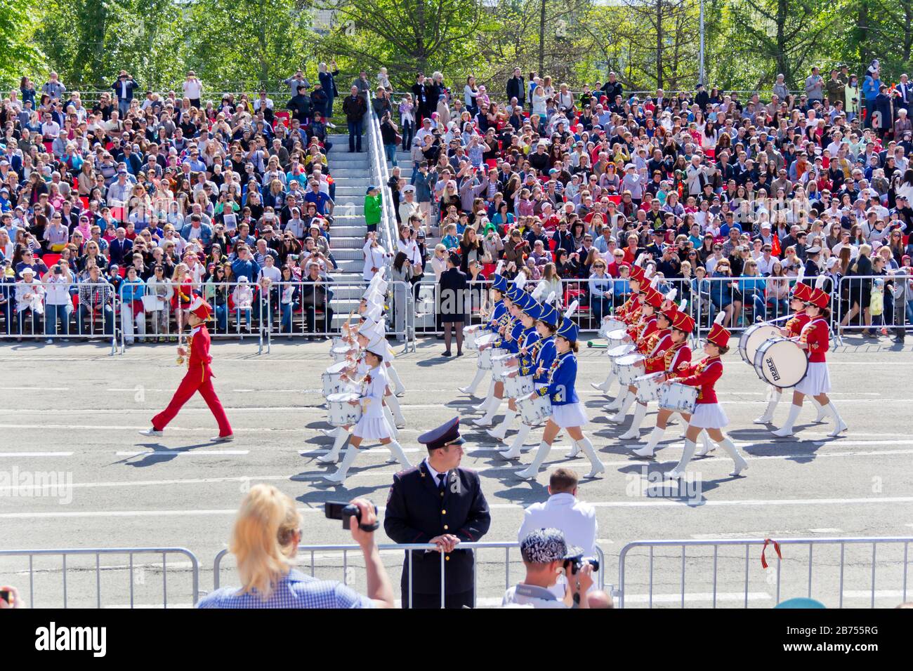 SAMARA, RUSSIA - MAY 9, 2016: Russian military women orchestra march at the parade on annual Victory Day, May, 9, 2016 in Samara, Russia Stock Photo