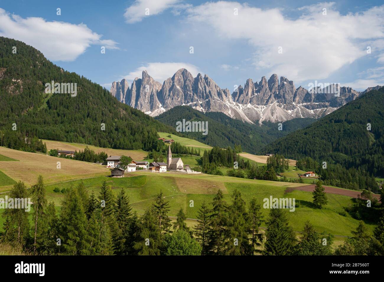 20.06.2019, St. Magdalena, Villnoess, Trentino, South Tyrol, Italy, Europe - The Nature Park in the Villnoesstal Valley with mountains of the Dolomites of the Puez Geisler Group. [automated translation] Stock Photo