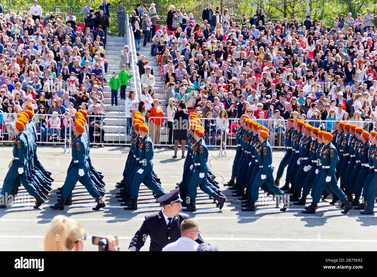 SAMARA, RUSSIA - MAY 9, 2016: Russian soldiers march at the parade on annual Victory Day, May, 9, 2016 in Samara, Russia. Stock Photo