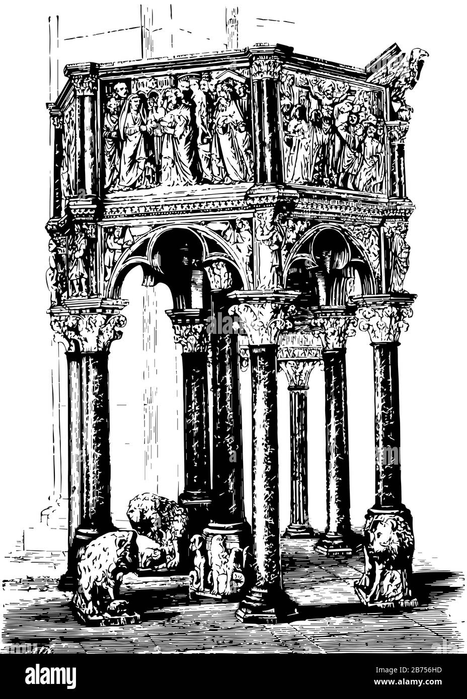 The Pulpit of the Baptistry is the earliest authenticated work by the artist, vintage line drawing or engraving illustration. Stock Vector