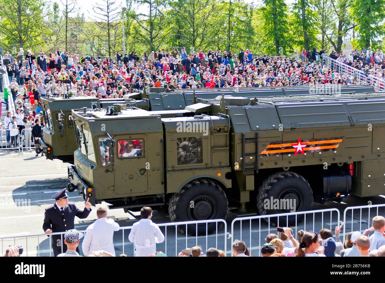 SAMARA, RUSSIA - MAY 9, 2016: Russian military transport at the parade on annual Victory Day, May, 9, 2016 in Samara, Russia. Stock Photo