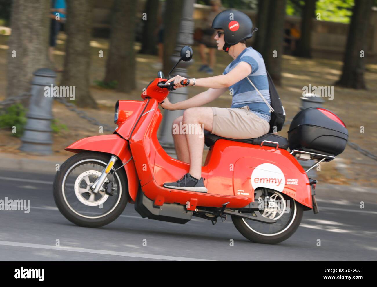 E-scooter sharing by emmy in the design of a Schwalbe scooter in Berlin, on  25.06.19. [automated translation] Stock Photo - Alamy