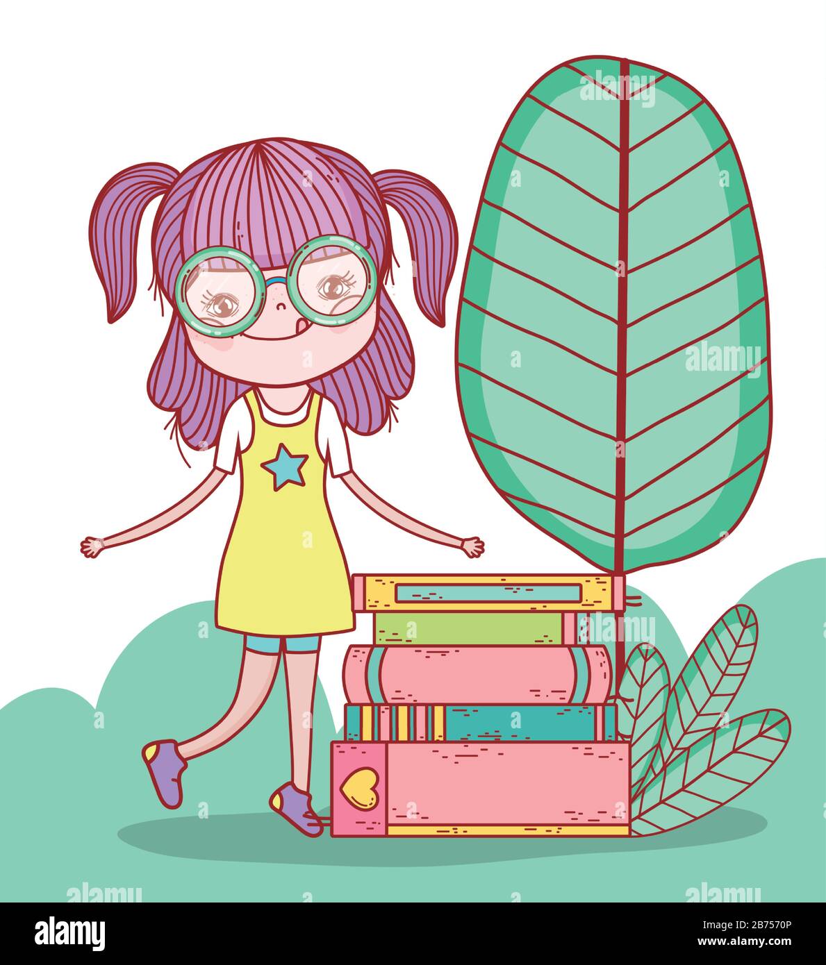 cute girl with glasses and cart with books in the park vector illustration Stock Vector