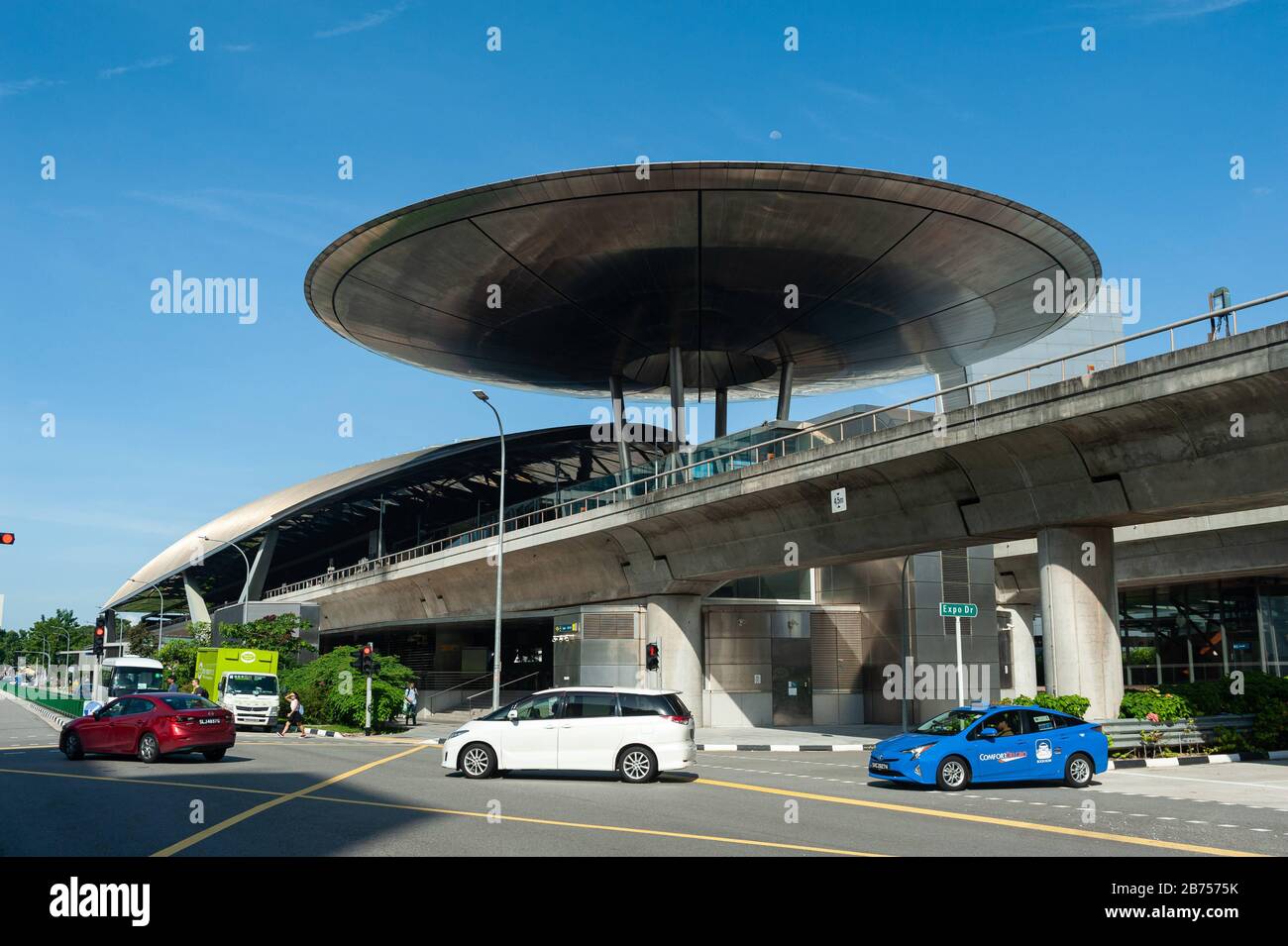 24.05.2019, Singapore, Republic of Singapore, Asia - Exterior view of the Expo stop of the MRT light rail system. The station was designed by the British architect Sir Norman Foster. [automated translation] Stock Photo