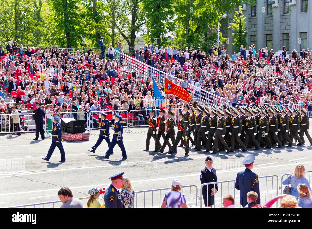 SAMARA, RUSSIA - MAY 9, 2016: Russian soldiers march at the parade on annual Victory Day, May, 9, 2016 in Samara, Russia. Stock Photo