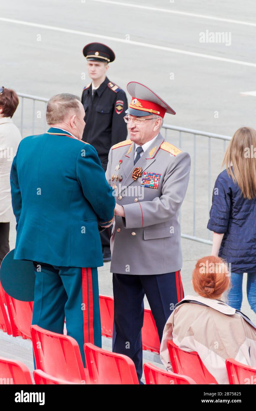 SAMARA, RUSSIA - MAY 9, 2017: Meeting of old friends on celebration on annual Victory Day, May, 9, 2017 in Samara, Russia Stock Photo