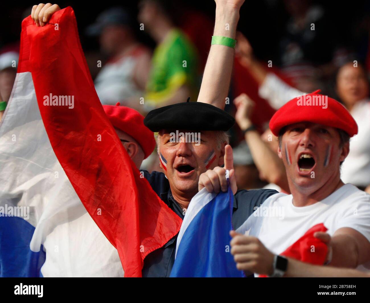 Fans of France reacts during the match between France and Samao in the HSBC World Rugby Sevens Series on Day 3 at Hong Kong Stadium. Stock Photo