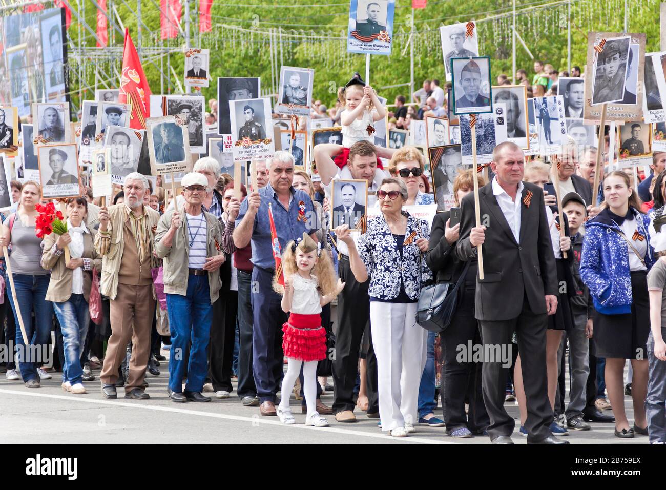 SAMARA, RUSSIA - MAY 9, 2017:  Procession of the people in Immortal Regiment on annual Victory Day, May, 9, 2017 in Samara, Russia Stock Photo