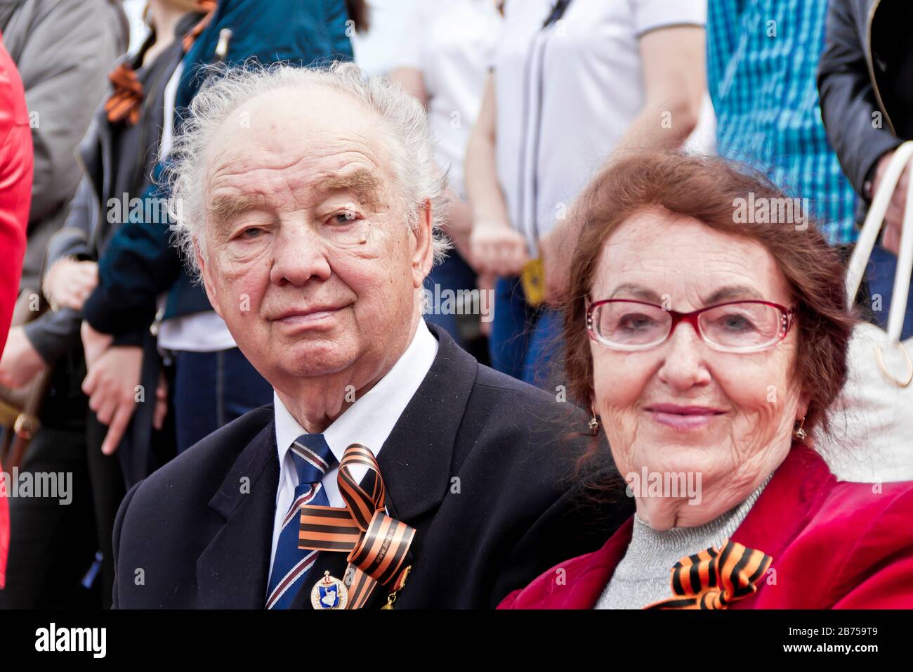 SAMARA, RUSSIA - MAY 9, 2017: Russian veteran with wife on celebration at the parade annual Victory Day, May, 9, 2017 in Samara, Russia Stock Photo