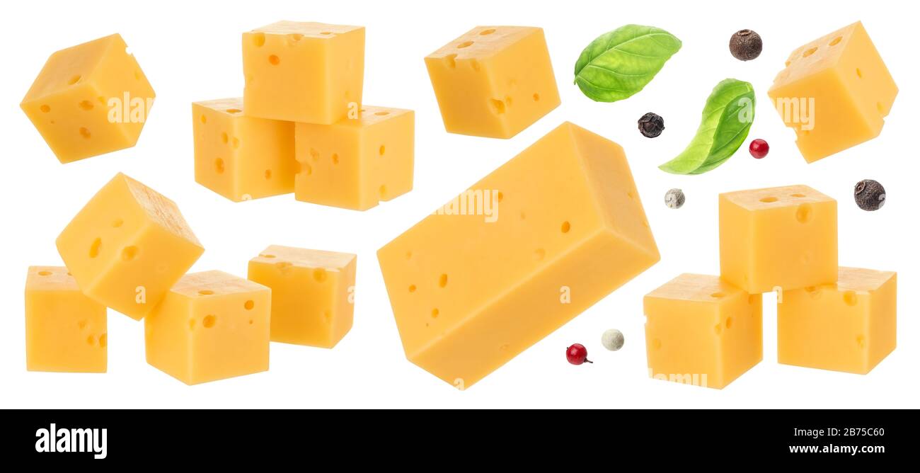 Collection of gouda cheese cubes isolated on white background Stock