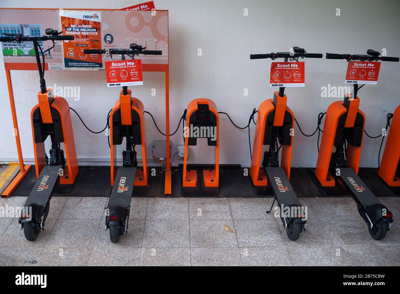 02.08.2018, Singapore, Republic of Singapore, Asia - Electric scooters from  Neuron are charged at a charging station in the city center. For a fee  these can be borrowed with the help of