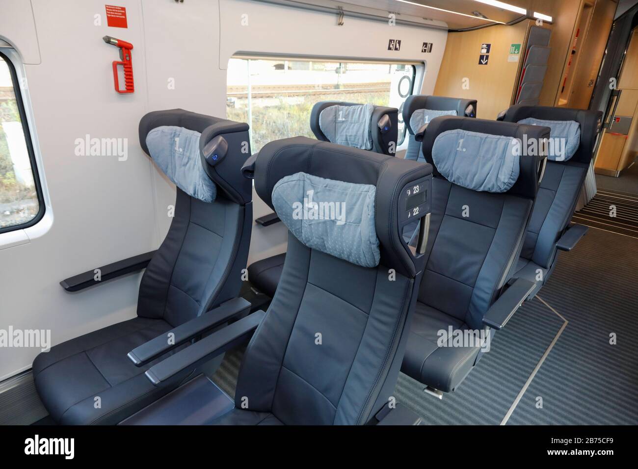 View into a 1st class compartment of the ICE 4. From December 2018 on, the ICE 4 will run several times a day on the high-speed line Berlin - Munich. [automated translation] Stock Photo