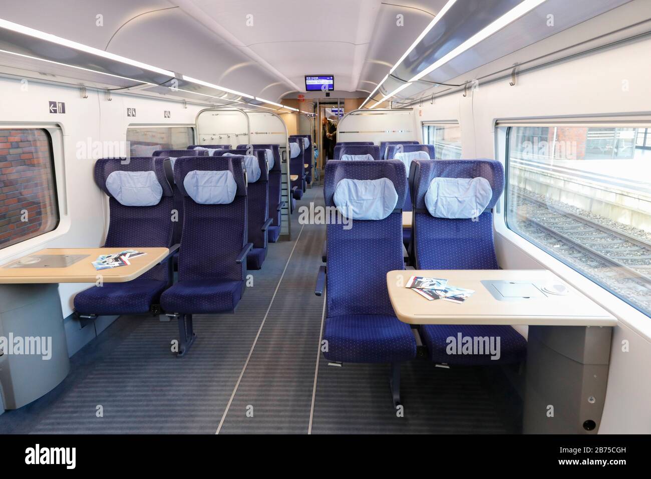 View into a 2nd class compartment of the ICE 4. From December 2018 on, the ICE 4 will run several times a day on the high-speed line Berlin - Munich. [automated translation] Stock Photo