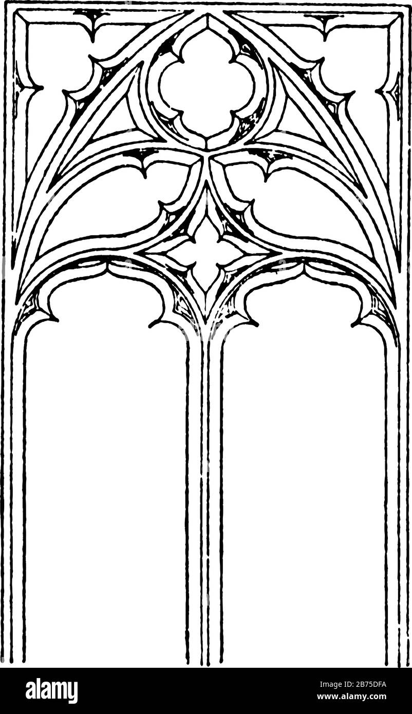 Gothic tracery,  two main types, plate tracery, the later bar tracery, vintage line drawing or engraving illustration. Stock Vector