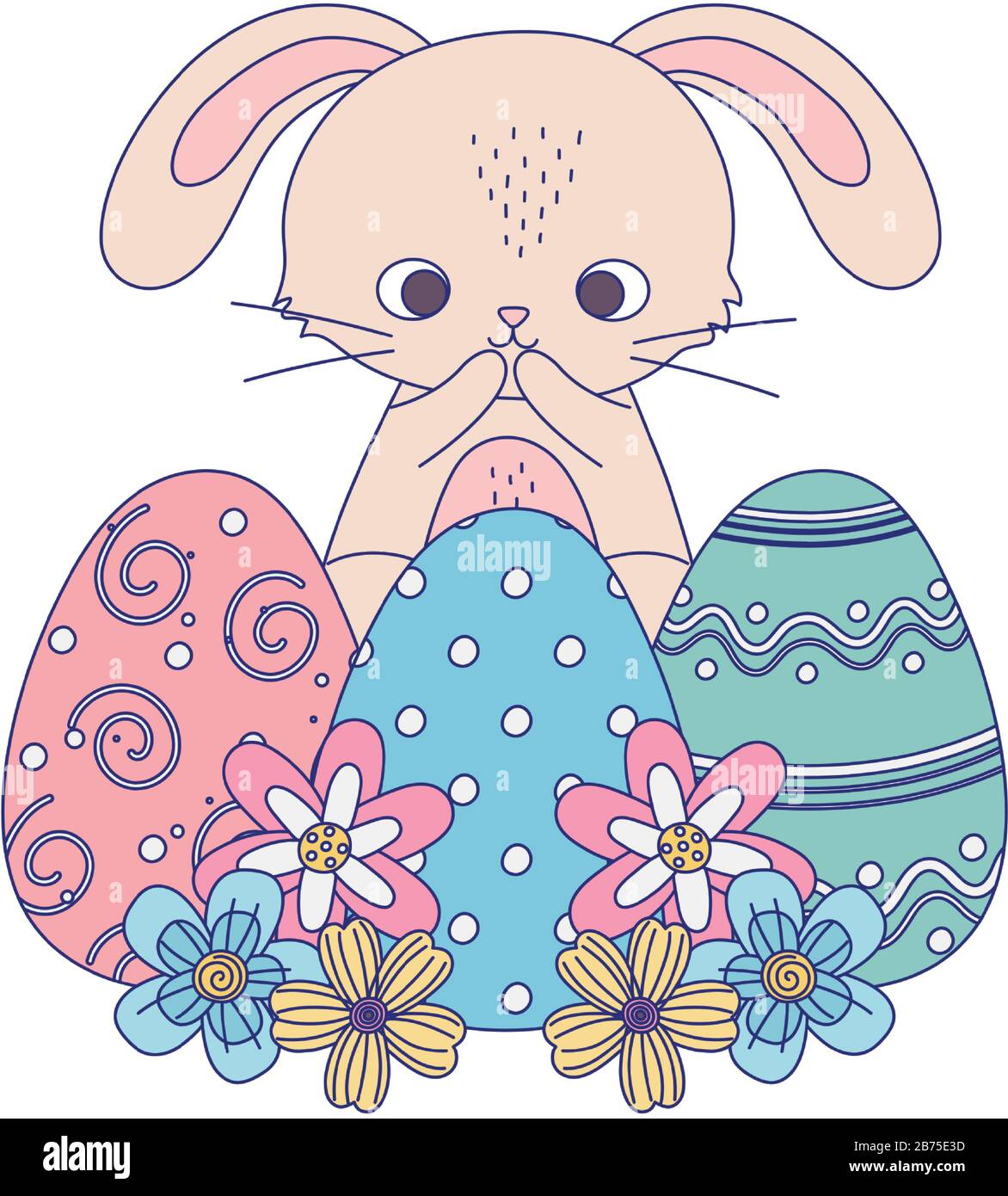 happy easter day, cute rabbit delicate eggs flowers vector illustration ...