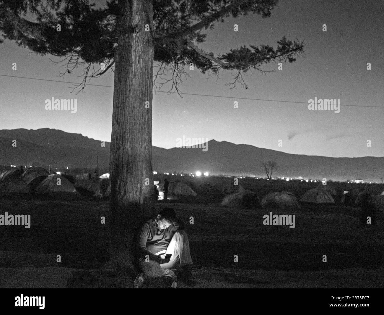 Refugee camp in Idomeni on the border with Macedonia. A man is sitting under a tree at dusk with his mobile phone. [automated translation] Stock Photo
