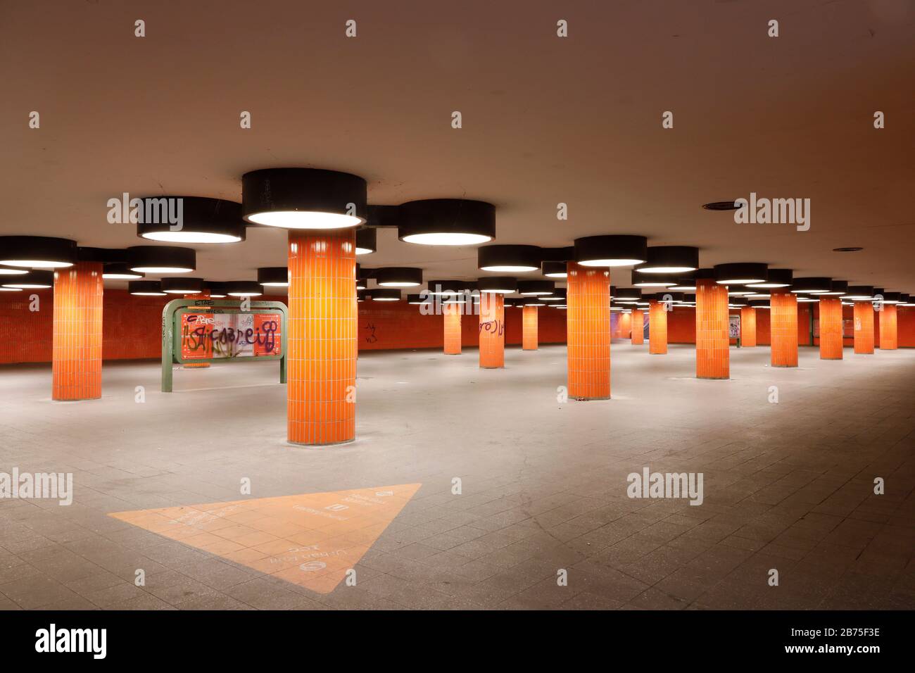 View into the underpass of the Messedamm at the ICC in Berlin, on 07.08.2018. The pedestrian tunnel between the International Congress Centrum,ICC, bus station and the next S-Bahn station was designed by architect Rainer Gerhard Ruemmler. With its 70's design in bright orange, the tunnel has been used as a backdrop for many Hollywood movies, including 'The Tributes of Panem' and 'Captain America. According to plans of the city of Berlin, the underpass should be closed. [automated translation] Stock Photo