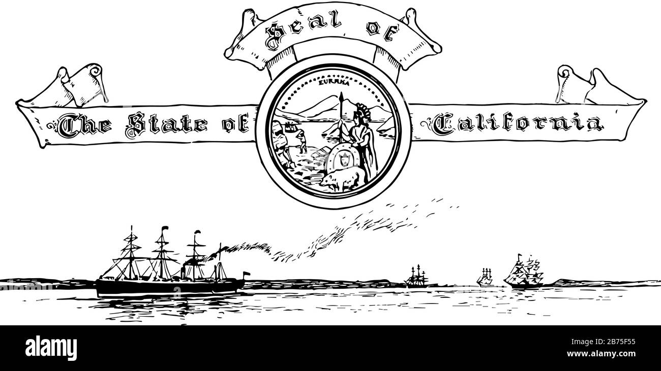 The United States seal of California with the Golden Gate in the background, this has roman goddess, a sheaf of grain, a miner, sailing ships and seal Stock Vector