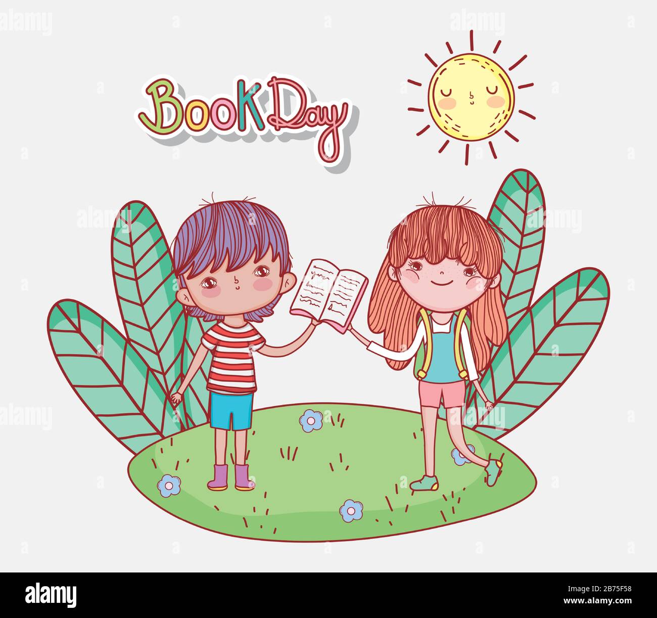 little girl and boy with open book in the park vector illustration Stock Vector