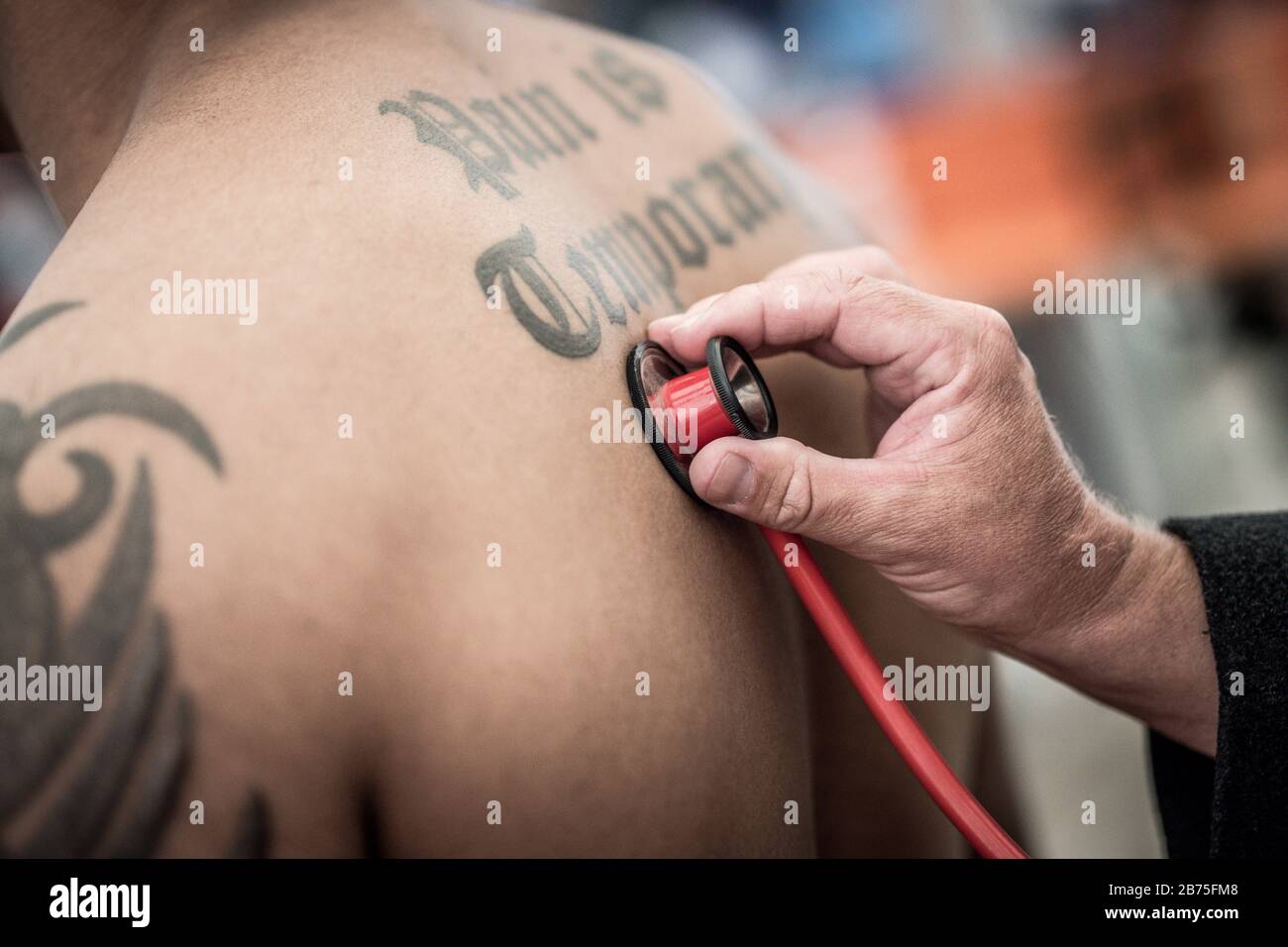 Boxing match at the Simbacher Pfingstdult. Before the fight the ring doctor examines a fighter from Berlin-Nordwedding, on whose back 'Pain is Temporary' is tattooed [automated translation] Stock Photo