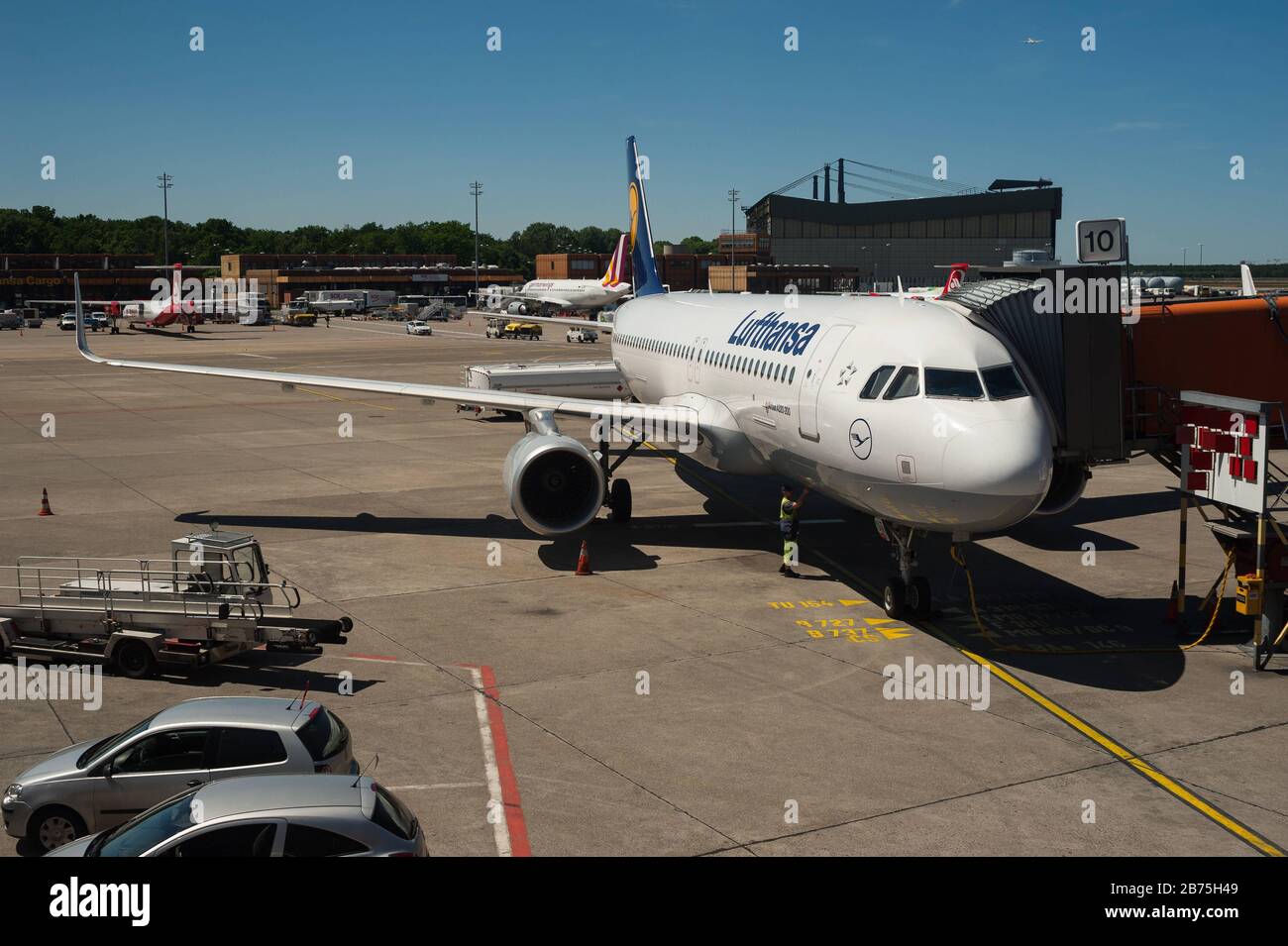 02.06.2017, Berlin, Germany, Europe - A Lufthansa passenger aircraft is parked at a gate at Berlin's Tegel Airport. Lufthansa is a member of the Star Alliance, an international network of airlines. [automated translation] Stock Photo
